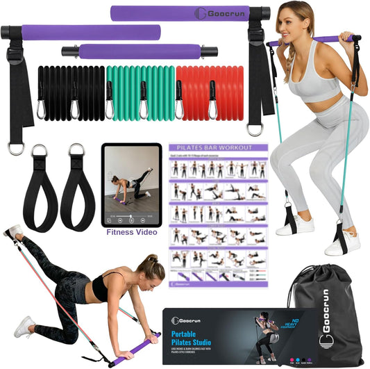Goocrun Portable Pilates Bar Kit with Resistance Bands - 3 Set Exercise Bands - Home Gym， Workout Kit for Body Toning – with Fitness Poster and Video