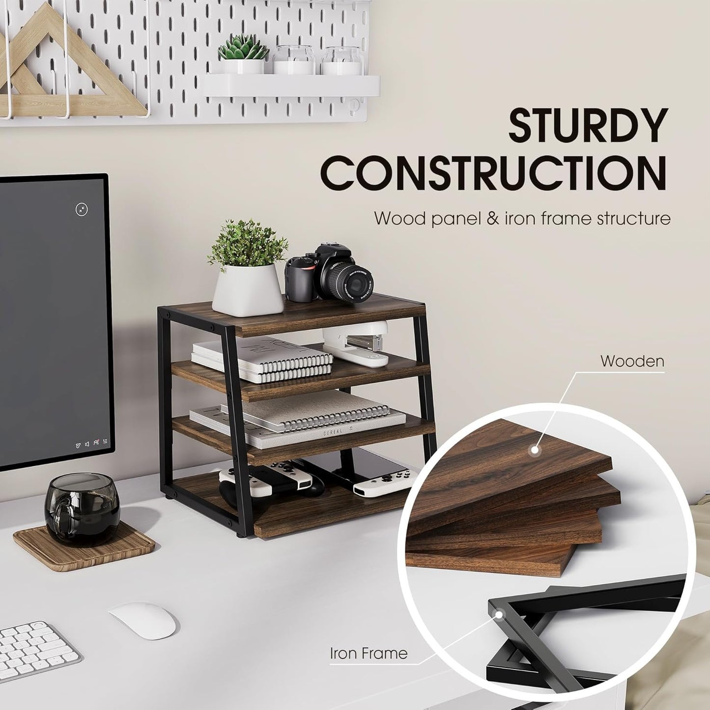 Fenge Desk Organizer, 4 Tier File Organizer for Desk, Wood and Metal Paper Letter Literature Mail Sorter, for Office Supplies and Accessories,Brown
