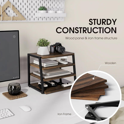 Fenge Desk Organizer, 4 Tier File Organizer for Desk, Wood and Metal Paper Letter Literature Mail Sorter, for Office Supplies and Accessories,Brown