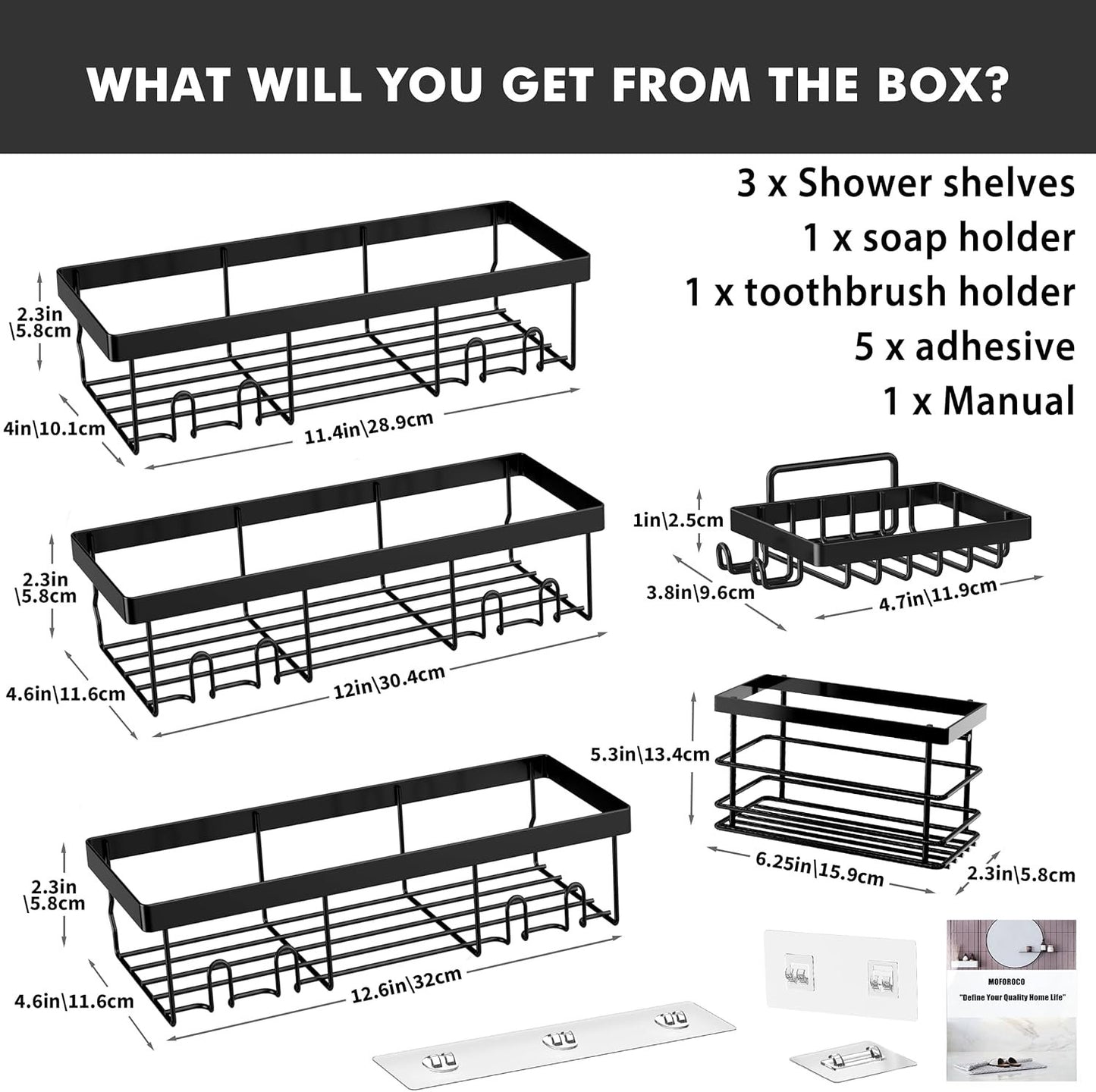 Moforoco Shower Caddy Shelf Organizer Rack, Self Adhesive Black Bathroom Shelves Basket, Home Farmhouse Wall Shower Inside Organization and Storage Decor Rv Accessories (Black, 5pack)