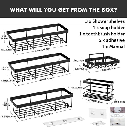 Moforoco Shower Caddy Shelf Organizer Rack, Self Adhesive Black Bathroom Shelves Basket, Home Farmhouse Wall Shower Inside Organization and Storage Decor Rv Accessories (Black, 5pack)