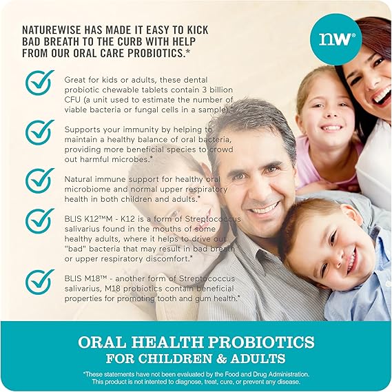 NatureWise Oral Probiotics for Teeth & Gums & Fresh Breath* - Chewable Sugar-Free Mint Tablet - Dental Support for Kids & Adults w/ BLIS K12 & M18 - Non-GMO - 50 Count[50-Day Supply]