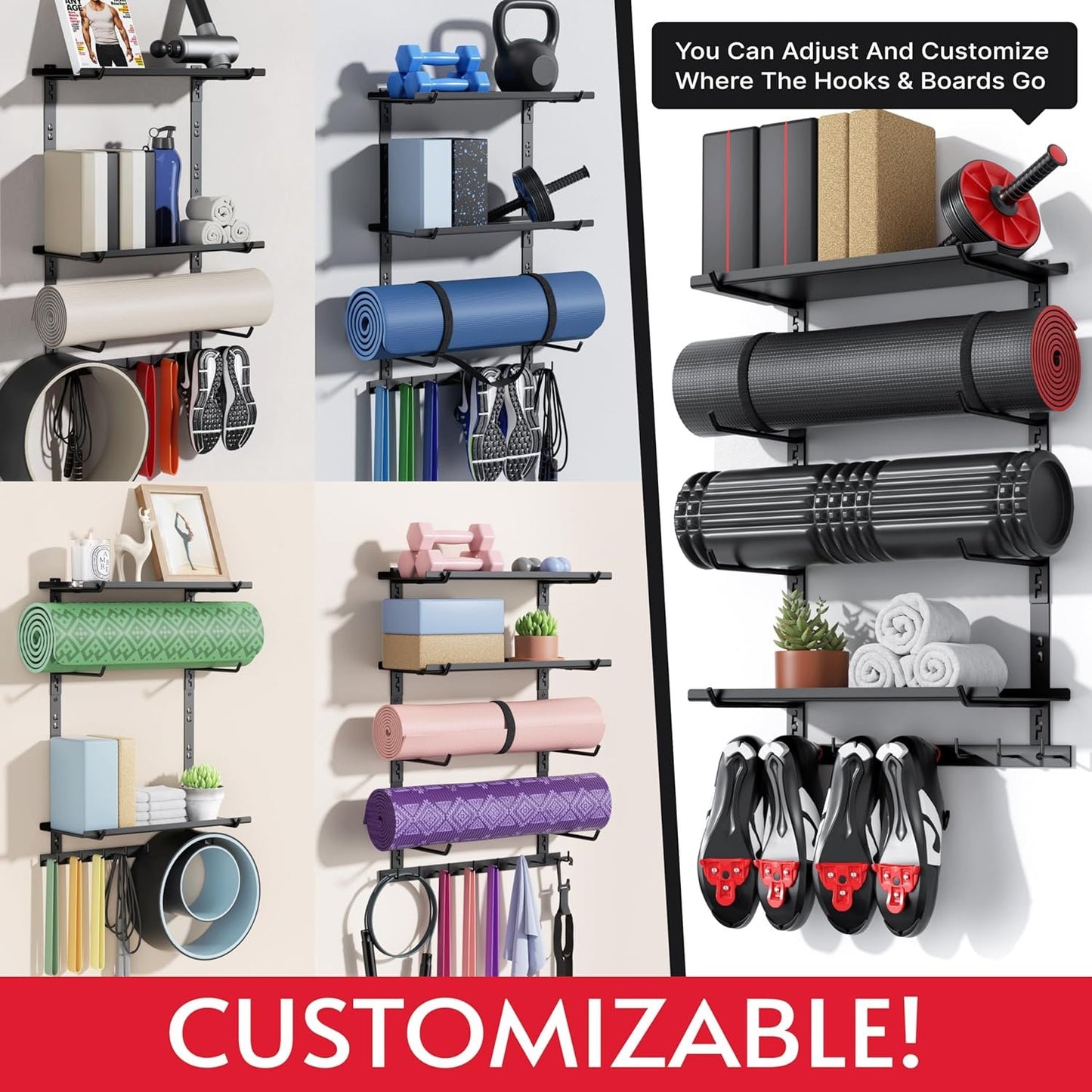 Crostice Home Gym Storage Shelf Only, Adjustable Gym Equipment Organizer Wall Mounted with 2 Boards, Yoga Mat Holder, Storage Rack Compatible with Peloton Shoes & Mat, Shelf for Home Gym Accessories