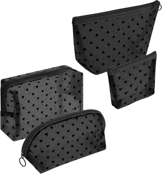 Adorila Mesh Makeup Bags, Heart Print Zipper Mesh Storage Pouch, Travel Cosmetic Accessories Organizer for Women, 4 pack-black, XBL0153003
