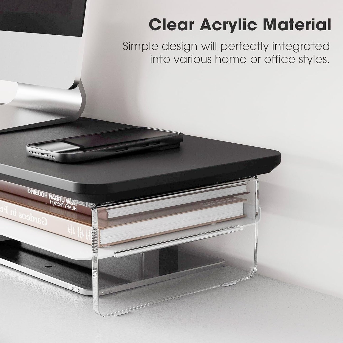 FENGE 2-Tier Acrylic Dual Monitor Stand Riser,42.5 Inch Acrylic Monitor Stand with Storage Organizer for Home, Office and Business ,BLACK