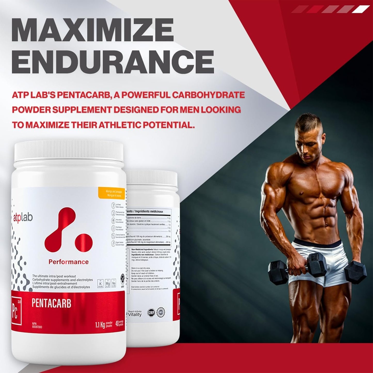 ATP LAB Pentacarb Electrolyte Powder 1.1kg 40 Servings - Mango Pineapple Flavor, Carbohydrate & Electrolyte Supplement for Energy & Endurance, Easy to Mix, Versatile Use for Athletes & Calorie Support
