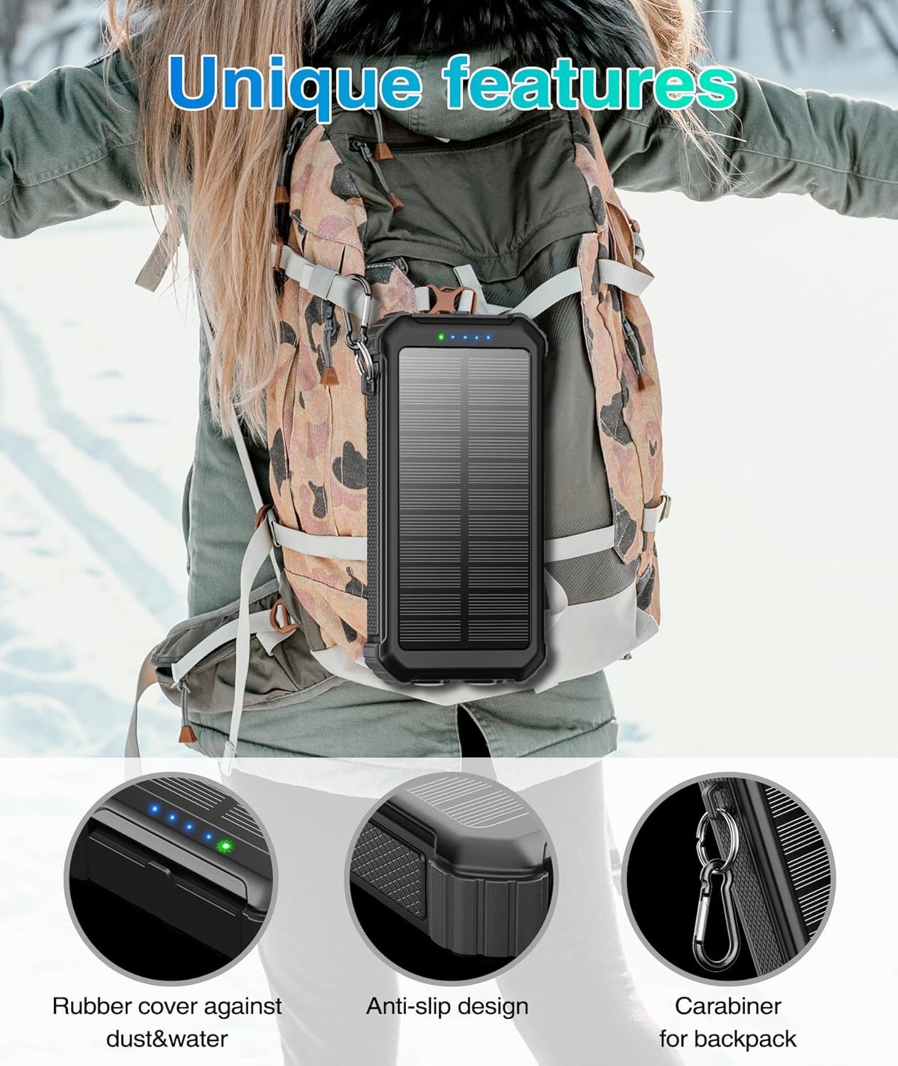 LATIMERIA Solar Charger Power Bank, Portable Phone Charger with USB C in/Output, 5V3.1A QC 3.0 Fast Charging for Cellphone, External Battery Pack Compatible with iPhone Samsung Google etc