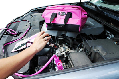 Pretty Pink Roadside Emergency Kit for Teen Girls and Women - Car Accessories With Jumper Cables, First Aid Kit, Tools, Durable Carry Bag - 5 Year Warranty