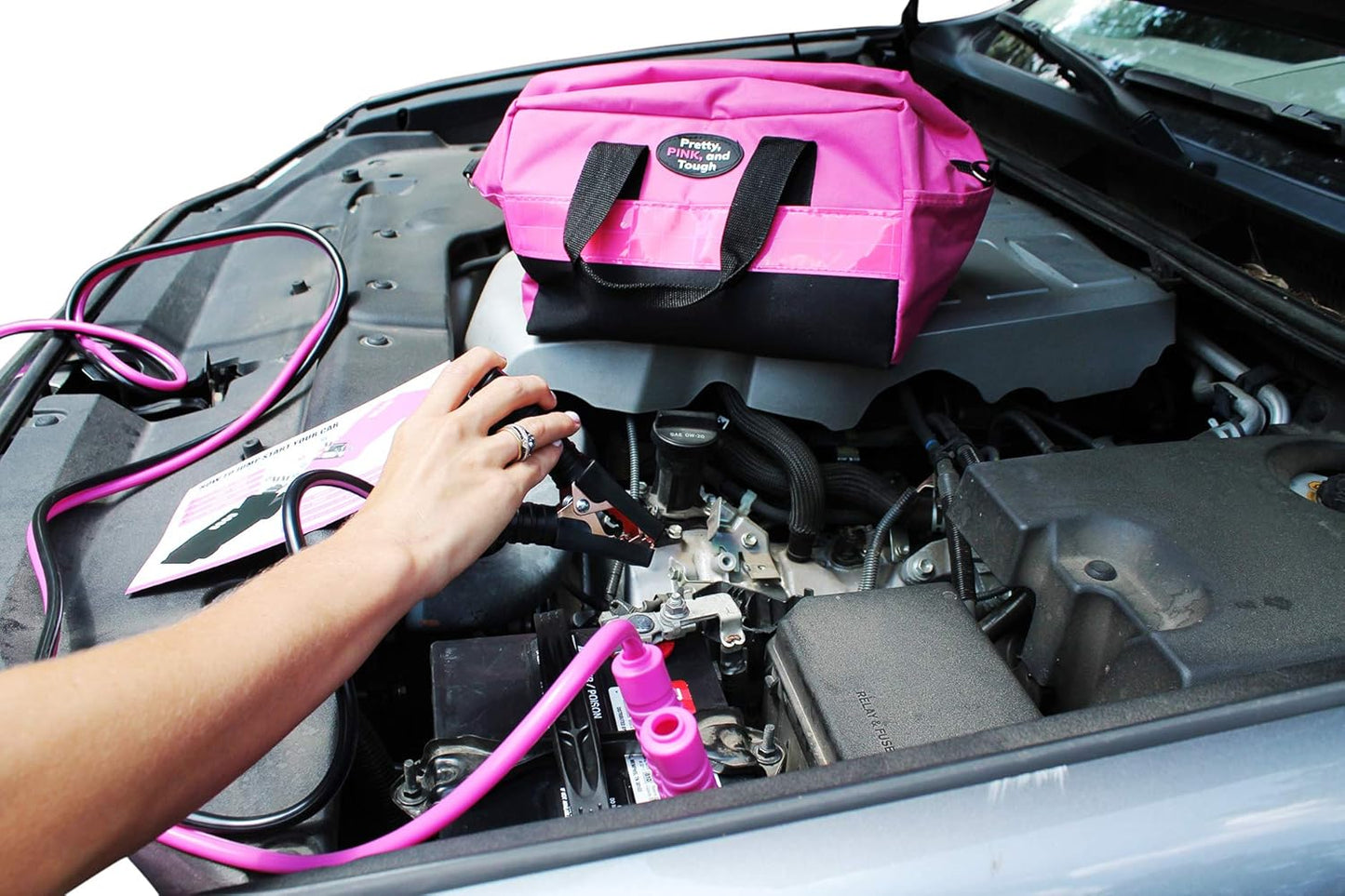 Gears Out Pretty Pink Roadside Kit - Emergency Kit for Teen Girls and Women - Lightweight, Soft-Sided Carry Bag With Jumper Cables, First Aid Kit, and Tools - 5 Year Warranty