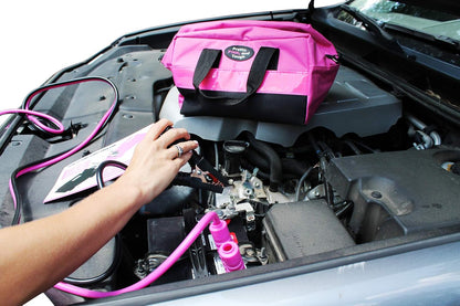 Gears Out Pretty Pink Roadside Kit - Emergency Kit for Teen Girls and Women - Lightweight, Soft-Sided Carry Bag With Jumper Cables, First Aid Kit, and Tools - 5 Year Warranty