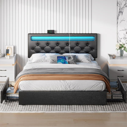 Rolanstar Full Size Bed Frame with 4 Storage Drawers and Charging Station, Upholstered PU Leather Bed with Adjustable Headboard and LED Lights, No Box Spring Needed, Easy Assembly, Black
