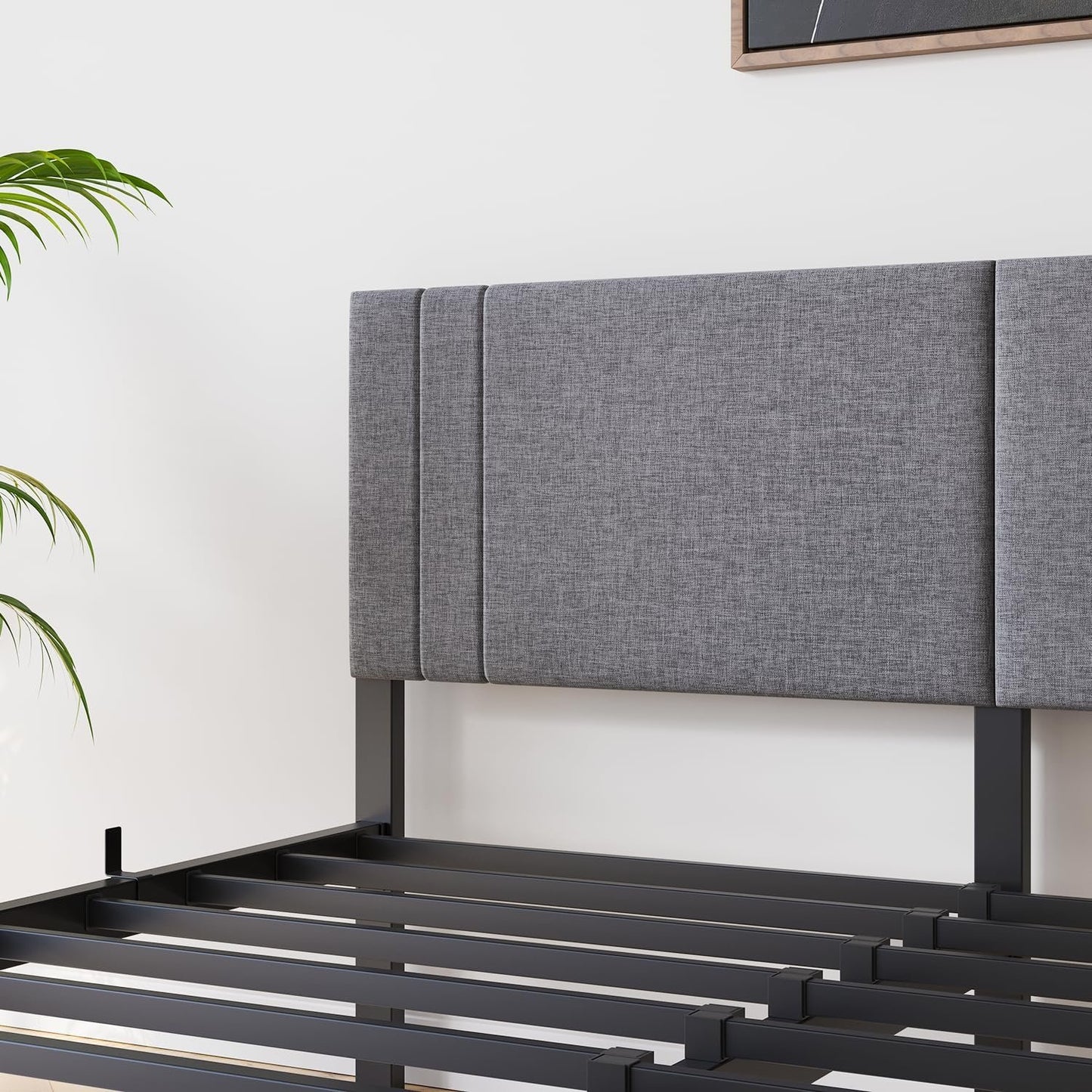 Queen Bed Frame, DUMEE Bed Frame Queen Size with Upholstered Headboard, Upholstered Bed Frame with Metal Slats Enhanced Support, No Box Spring Needed, Dark Gray Queen Bed