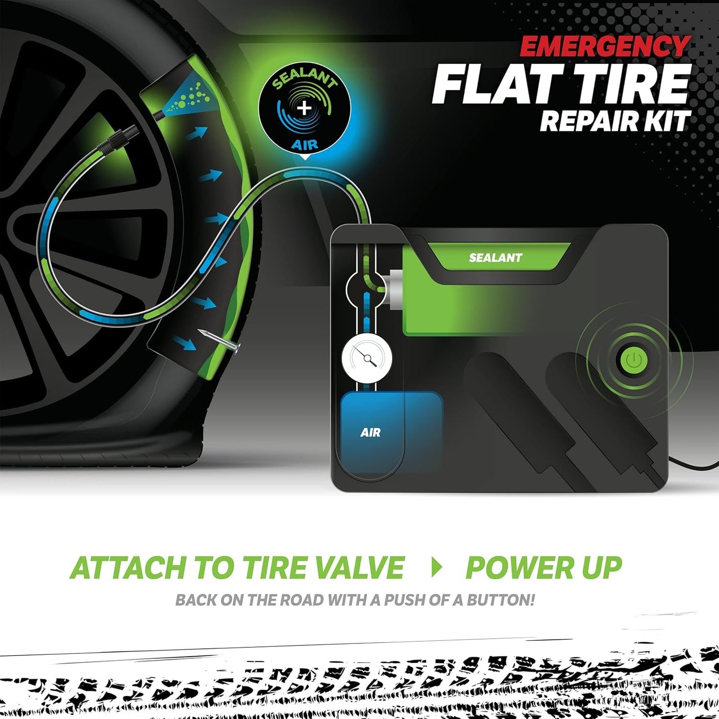 Slime 50122 Flat Tire Puncture Emergency Kit, Includes Sealant and Tire Inflator Pump, Analog, Suitable for Cars and Other Highway Vehicles, 10 Min Fix