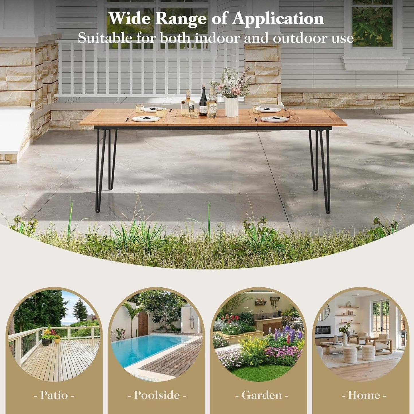 Tangkula 86.5-Inch Patio Dining Table, Indoor & Outdoor Dining Table w/Acacia Wood Tabletop & Metal Legs, Rectangular Wood Table w/Umbrella Hole for Patio Yard Deck, for 8 People