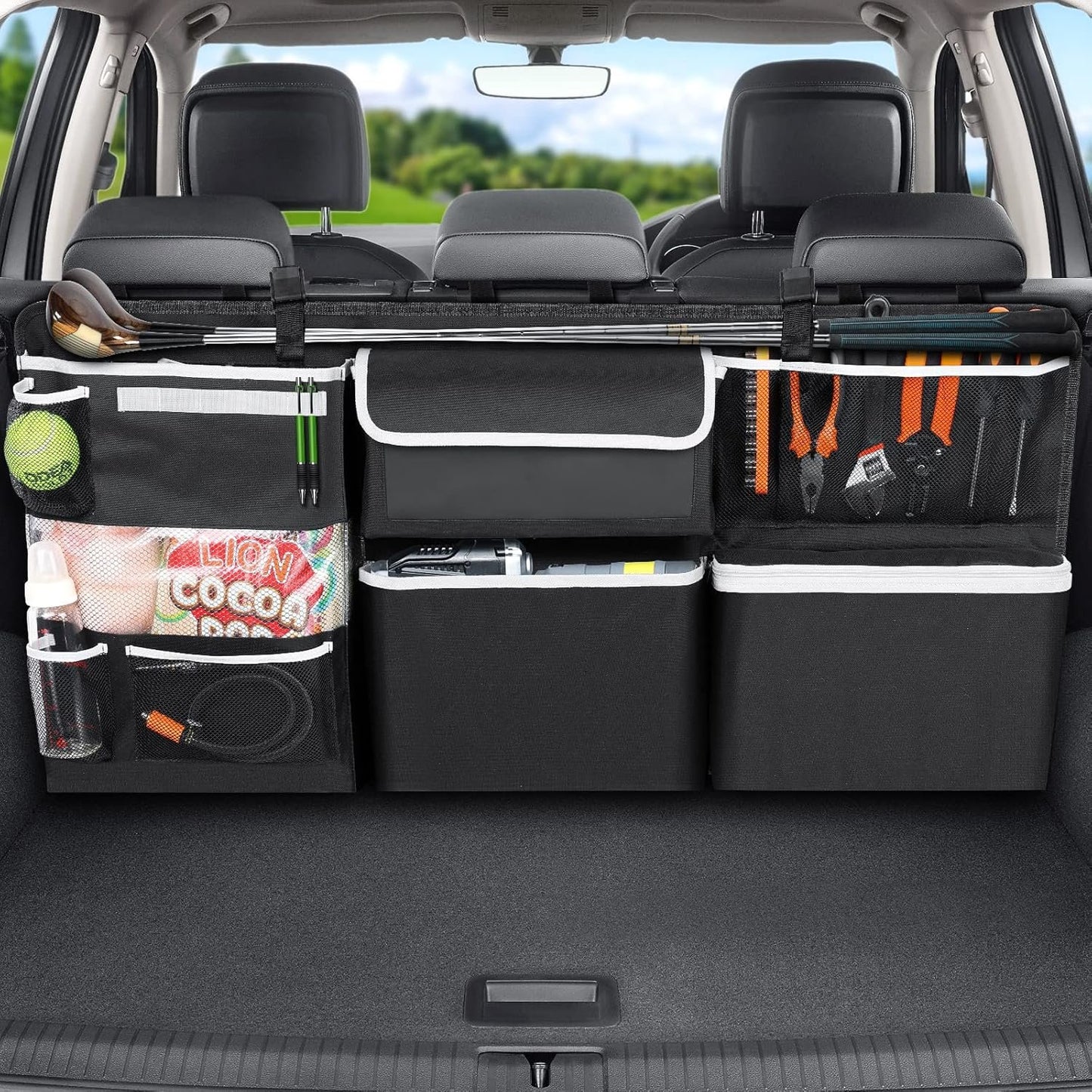 Oasser Car Storage Organizer New Version, Hanging Trunk Organizer with 10 Different Functional Storage Bags, Car Automotive Accessories Trunk Organizer for SUV Truck MPV VAN