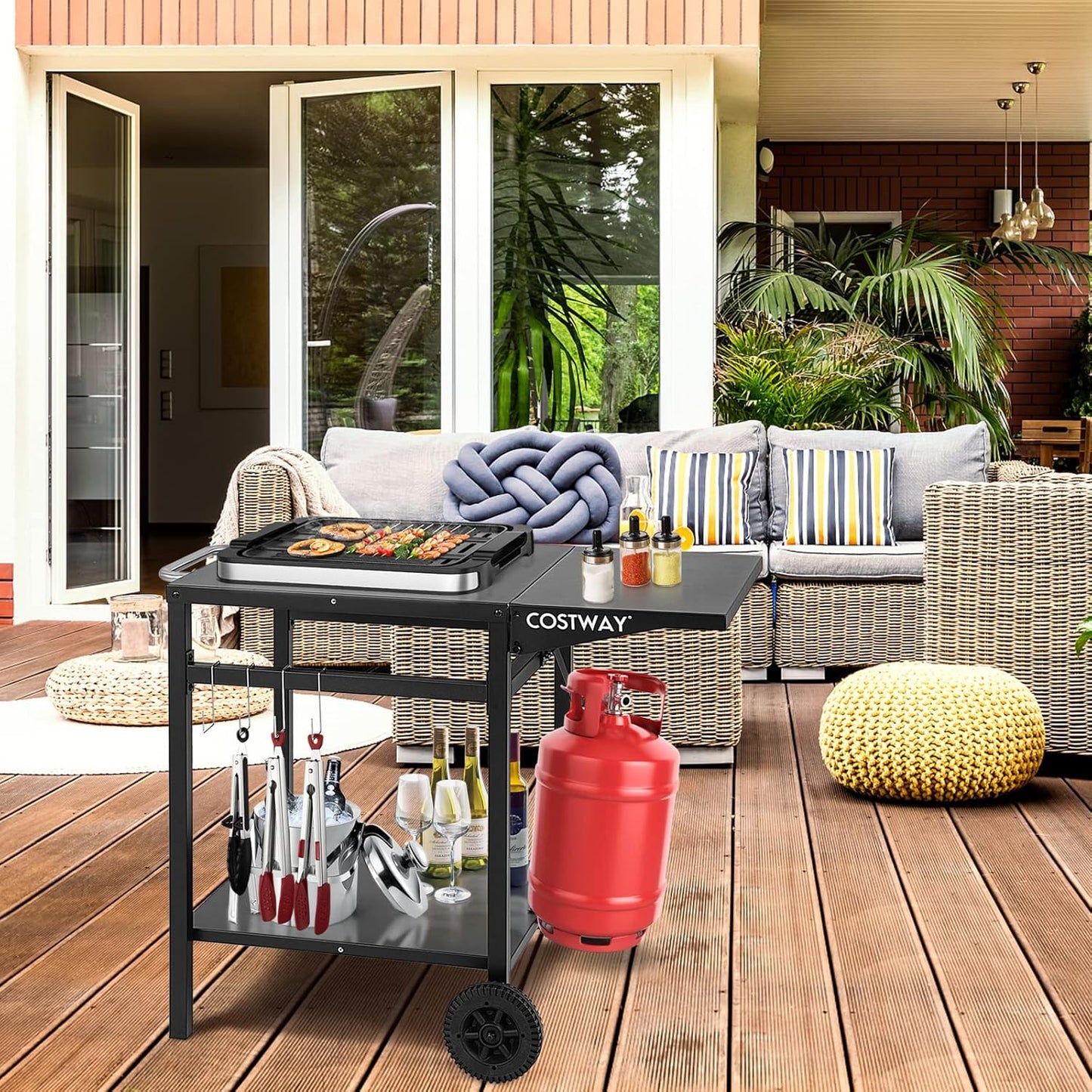 Costway Movable Dining Cart Table, Double-Shelf Trolley with Folding Tabletop, 4 Extra Hooks & 2 Directional Wheels, Outdoor Prep Cart for Pizza Oven & BBQ Grill, Worktable for Backyard, Patio, Garden