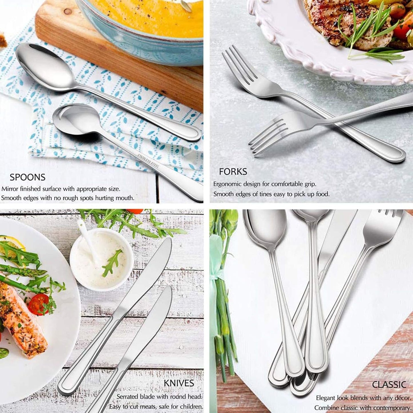 60-Piece Silverware Set, E-far Stainless Steel Classic Flatware Cutlery Set, Eating Utensils for Restaurant Hotel Party, Service for 12, Mirror Finish, Dishwasher Safe