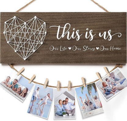 Baoswi Housewarming Gifts New Home Wall Decor Sign, This is Us Family Picture Frame Wedding Gifts for Couples Farmhouse Rustic Hanging Photo Holder, Gift for New Homeowner