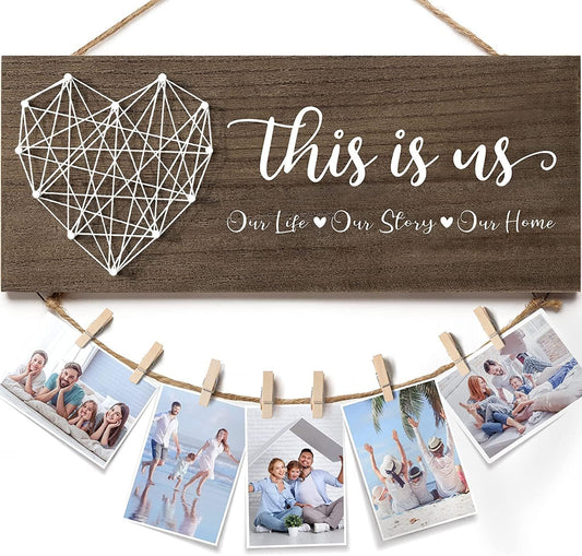 Baoswi Housewarming Gifts New Home Wall Decor Sign, This is Us Family Picture Frame Wedding Gifts for Couples Farmhouse Rustic Hanging Photo Holder, Gift for New Homeowner