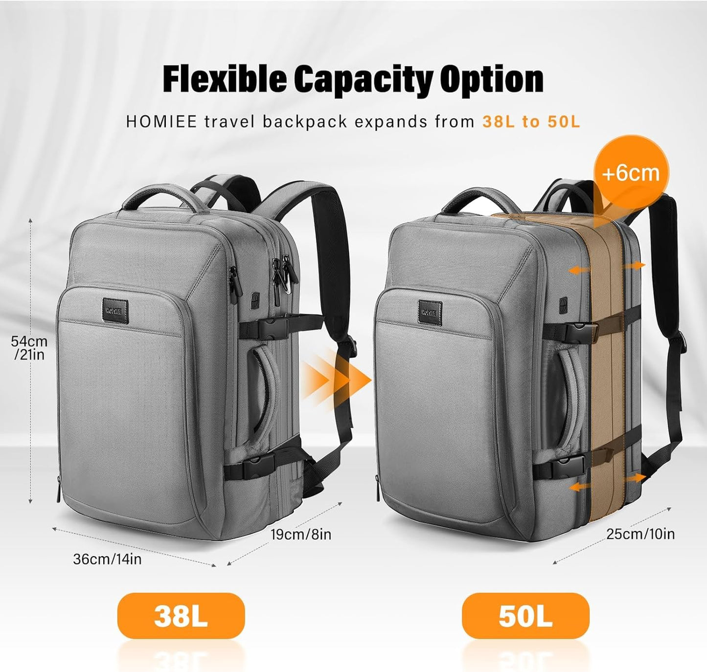 HOMIEE 50L Expandable Travel Laptop Backpack, Flight Approved Carry-On Luggage Backpack, 17.3 Inch Water Resistant Backpack (Grey)