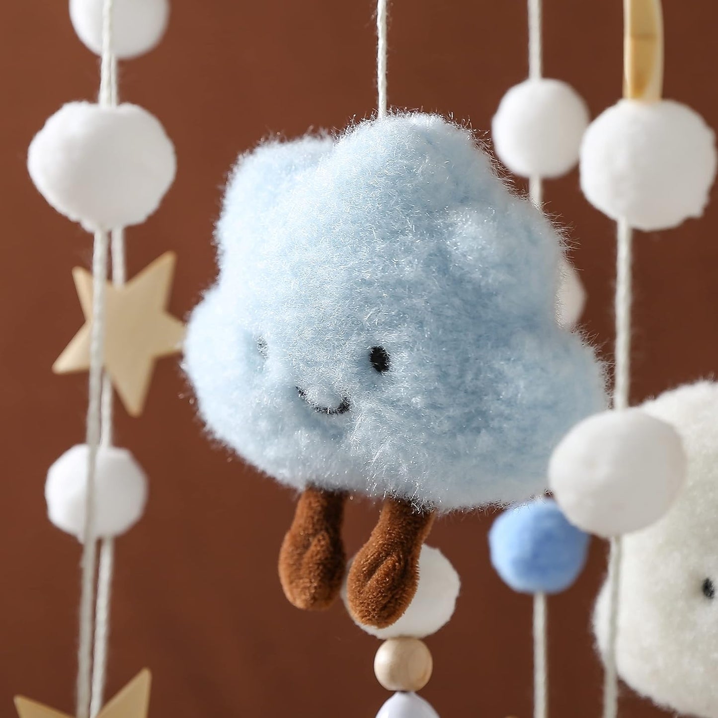 Promise Babe Mobile Baby Wood with Felt Balls Baby Room Bed Hanging Bell Clouds Star Crocheted Felt Mobile Windshield Baby Boys Girl Cot Bed Baby Star Moon Clouds Mobile