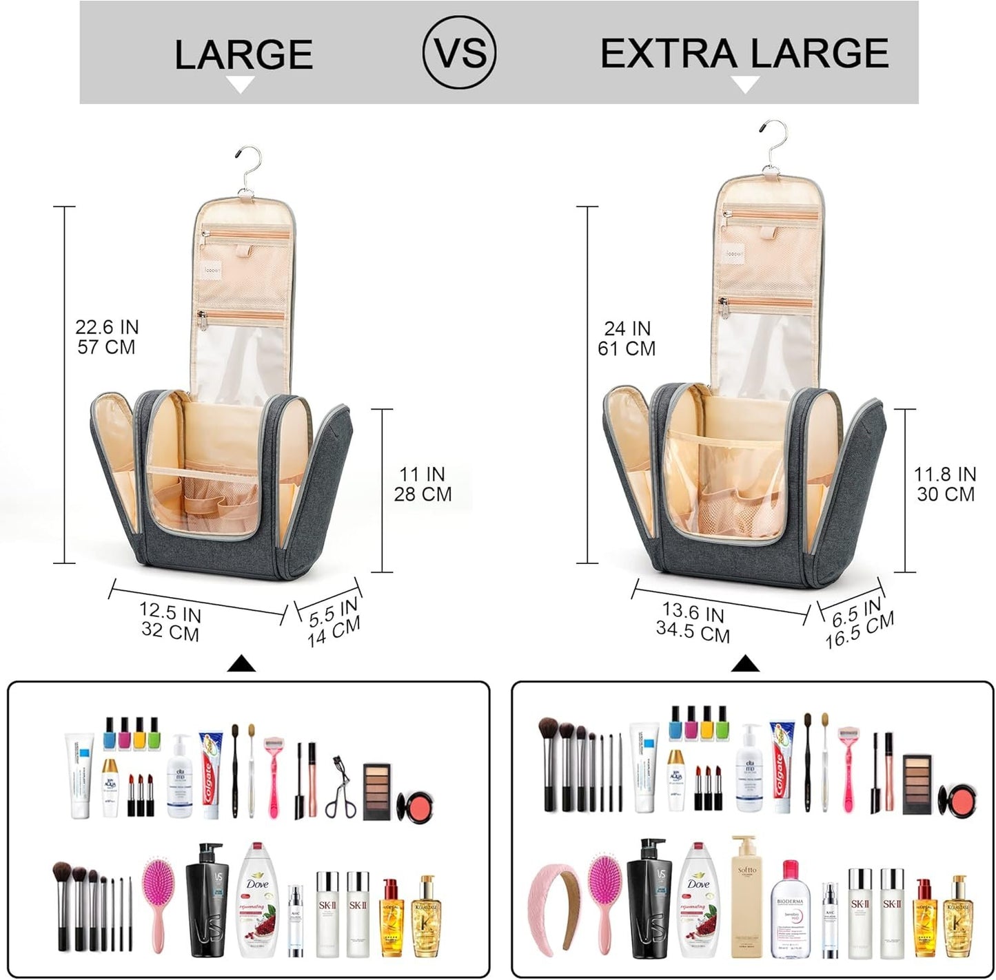 COOSKY Extra Large Hanging Travel Toiletry Bag for Women and Men, Hygiene Bag, Bathroom and Shower Organizer Kit with Elastic Band Holders for Toiletries, Cosmetics, Makeup, Brushes, Grey, Extra Large