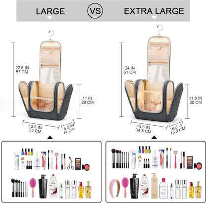COOSKY Extra Large Hanging Travel Toiletry Bag for Women and Men, Hygiene Bag, Bathroom and Shower Organizer Kit with Elastic Band Holders for Toiletries, Cosmetics, Makeup, Brushes, Grey, Extra Large