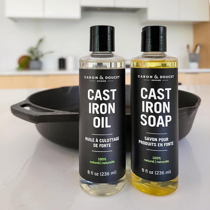 Caron & Doucet - Cast Iron Cleaning & Conditioning Set: Seasoning Oil & Cleaning Soap | 100% Plant-Based | Best for Cleaning, Washing, Restoring & Seasoning Cast Iron Skillets, Pans & Grills! 8oz Each