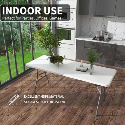 6 Ft Portable Foldable Long Table, Folding Table for Indoor Outdoor, Smooth HDPE Tabletop with Built in Handle & Steel Legs, Perfect for Party, Dining, Wedding, Events, Camping, Utility, Temporary