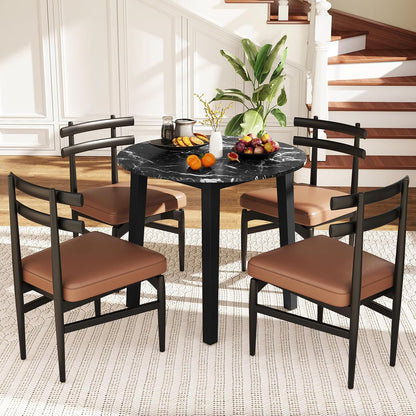 Giantex 35” Round Dining Table - Kitchen Table with Rubber Wood Legs, Marble-Textured Veneer Tabletop, Leisure Table for 2 to 4 Person, Dinette Table for Living Room, Breakfast Table (Black)