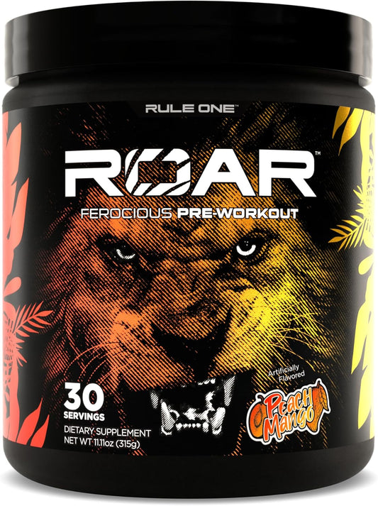 Rule1 R1 Roar Ferocious Pre-Workout Protein Powder 315 g, Peach Mango (30 Servings)