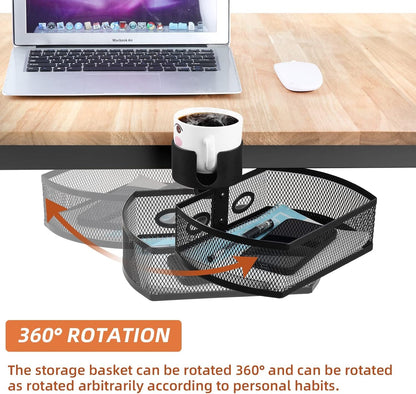 AnExer Under Desk Storage, Desk Cup Holder, 360 ° Rotary Desk Storage Organizer, C-clamp Mounting and Do Not Hurt The Table- Reduce Desk Clutter with Office Desk Basket & Clip on Cup Holder (Black)