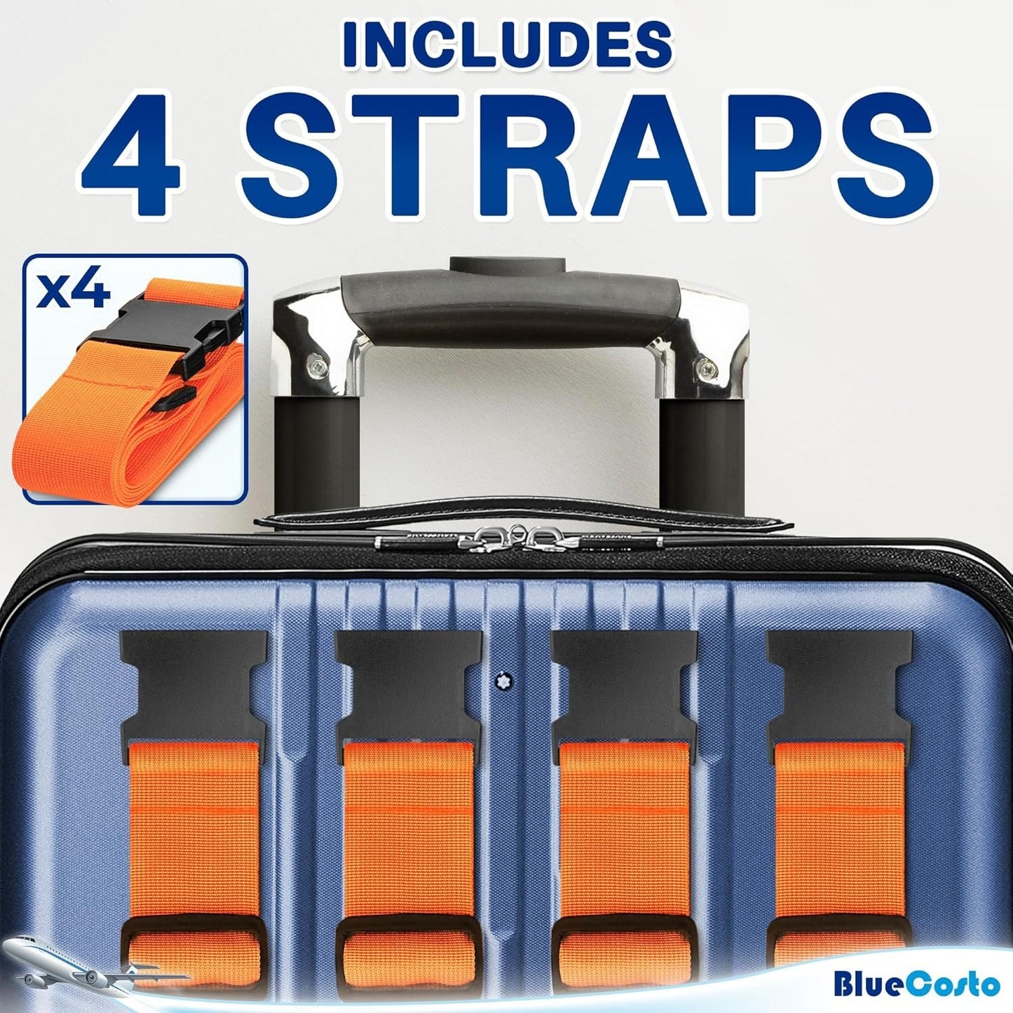 Luggage Straps for Suitcases - Orange, 4 PK - Premium Nylon Belts for Luggage Security - Heavy-Duty w/Adjustable Length (46â€-78â€) for Suitcase, Briefcase, Backpack & Travel Bag - by BlueCosto