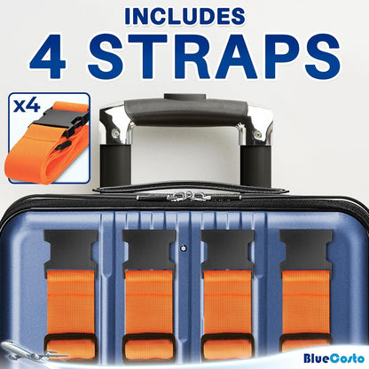 Luggage Straps for Suitcases - Orange, 4 PK - Premium Nylon Belts for Luggage Security - Heavy-Duty w/Adjustable Length (46â€-78â€) for Suitcase, Briefcase, Backpack & Travel Bag - by BlueCosto