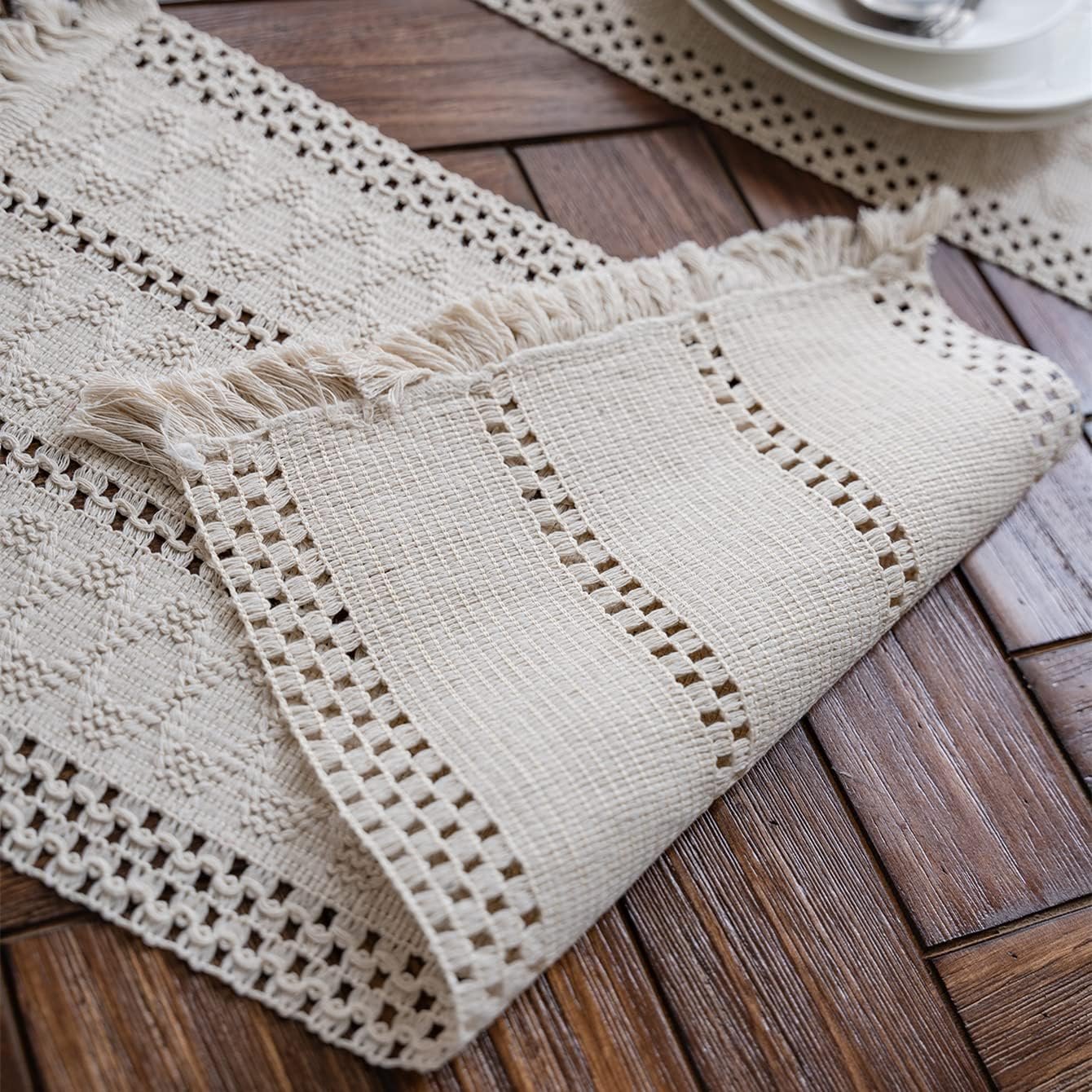 Alynsehom Macrame Table Runner Cream Beige Boho Table Runners with Tassels Hand Woven Cotton Table Runner Rustic Farmhouse Table Runners for Bohemian Kitchen Dining Table(12x95in)