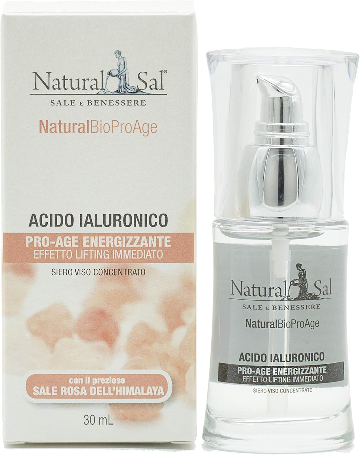 Natural Hyaluronic Acid. Lifting and Anti-Aging Effect, Great for the Face with Himalayan Pink Salt. ProAge Energizing for All Skin Types, 30 ml Made in Italy