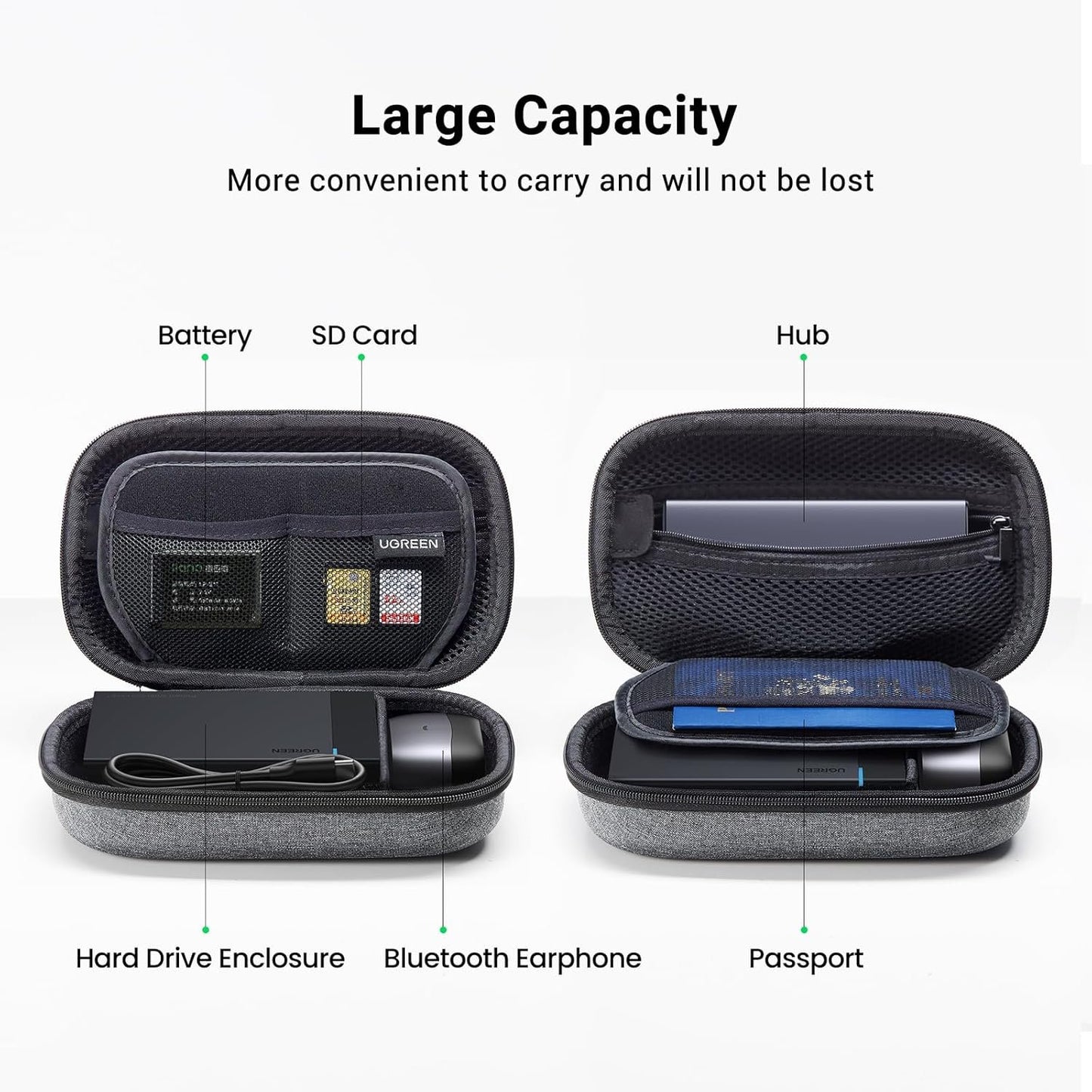 UGREEN Travel Case Gadget Bag, Portable Electronics Accessories Organiser, Cable Tidy Storage Box Pouch, with Double Layer, Zipper, Snap Hook, Carrying Strap, Small, Black