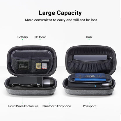 UGREEN Travel Case Gadget Bag, Portable Electronics Accessories Organiser, Cable Tidy Storage Box Pouch, with Double Layer, Zipper, Snap Hook, Carrying Strap, Small, Black