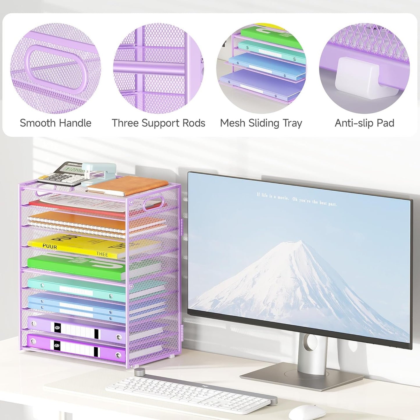 Cawukege 9 Tier Paper Organizer with Handle, Large Capacity Desk Organizer Mesh Paper Letter Tray File Folder Document Sorter for Classroom and Office Accessories Organization- Purple (2 Pack)