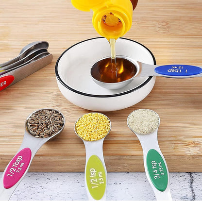 Magnetic Measuring Spoons Set, 7 Measuring Spoons and Cups 1 Leveler Stainless Steel Dual Sided Stackable Teaspoon for Liquid and Dry Ingredients