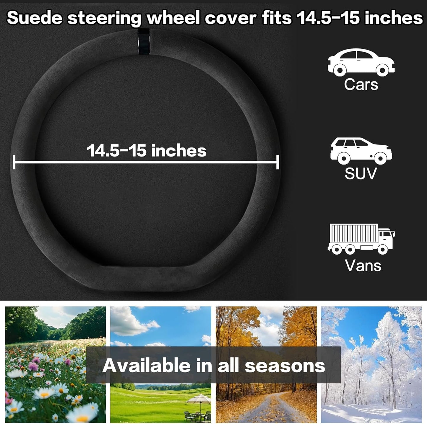 Car Steering Wheel Cover, Suede Car Interior Accessory for Driverse Car, Anti-Slip Breathable Full Surround Leather Steering Wheel Covers Protector for 14.5"-15" Universal Fit (Black-D Shape)