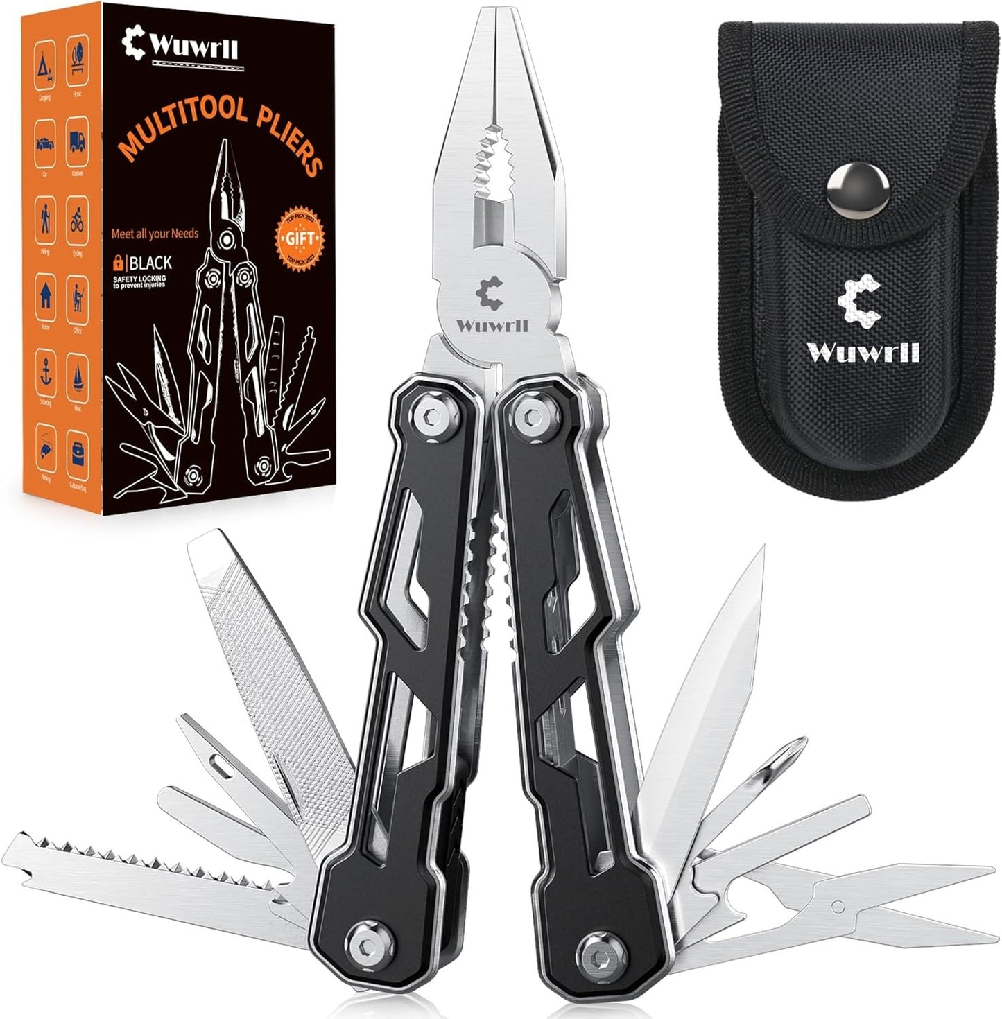 Wuwrll Multitool with Safety Locking,16-in-1 Multi Tool Stainless Steel Pocket Knife Set with Pliers, Upgrade Camping Tool Gifts for Men,for Survival, Camping, Hiking, Outdoor、