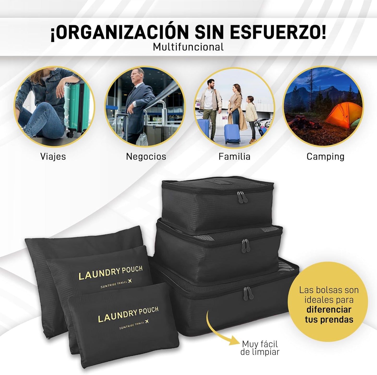 Travel Suitcase Organizer - Organized Bags - Clothing and Accessories Organized 6 Sets in 1 for Luggage - Packing Cubes - Waterproof - Black