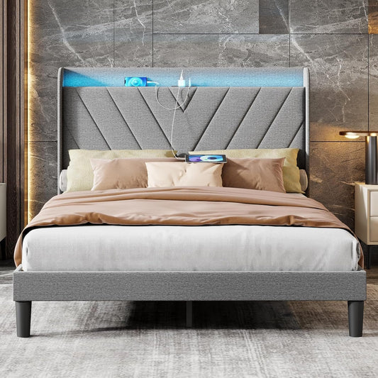 Queen Size Upholstered Bed Frame with LED Light and Charging Station Headboard Metal Platform Bed Frame with Reinforced Support Legs,No Box Spring, Noise Free, Easy Assembly