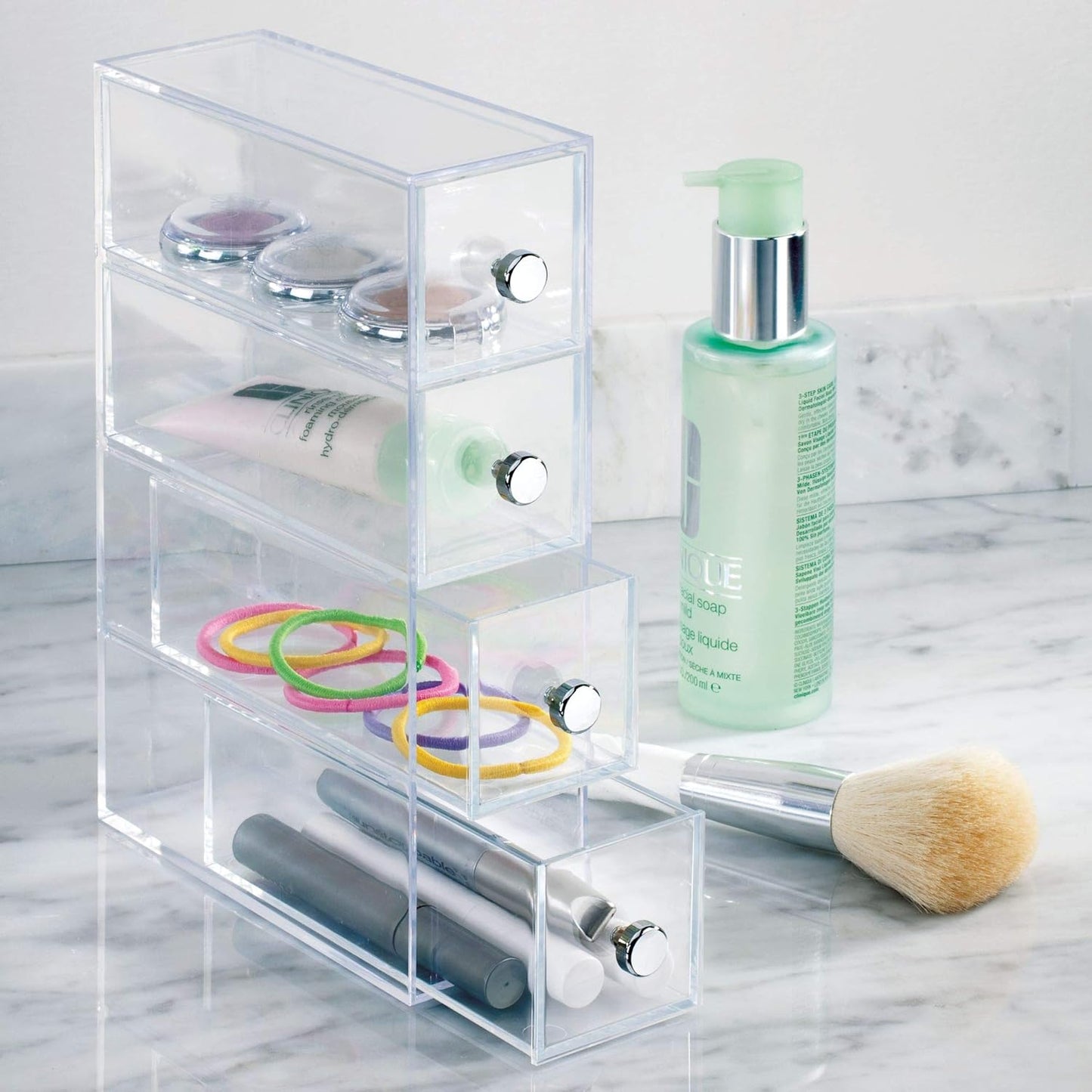 iDesign Makeup Organizer with 4 Drawers, Mini Drawer Makeup Organizer for Make Up, Cosmetics, Jewelry, Makeup Organizer with Plastic Swivel Drawers, Clear