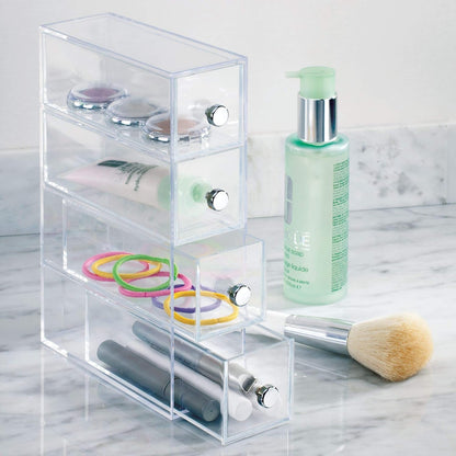 iDesign Makeup Organizer with 4 Drawers, Mini Drawer Makeup Organizer for Make Up, Cosmetics, Jewelry, Makeup Organizer with Plastic Swivel Drawers, Clear