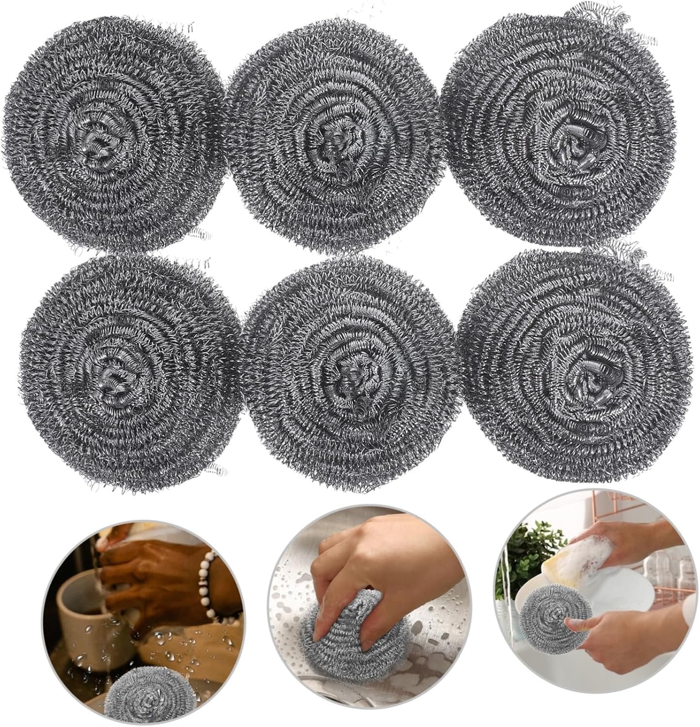 HEALLILY 6pcs Stainless Steel Scrubber for Kitchen Cleaning Heavy Duty Dish Scrubbers for Pots Pans Cast and