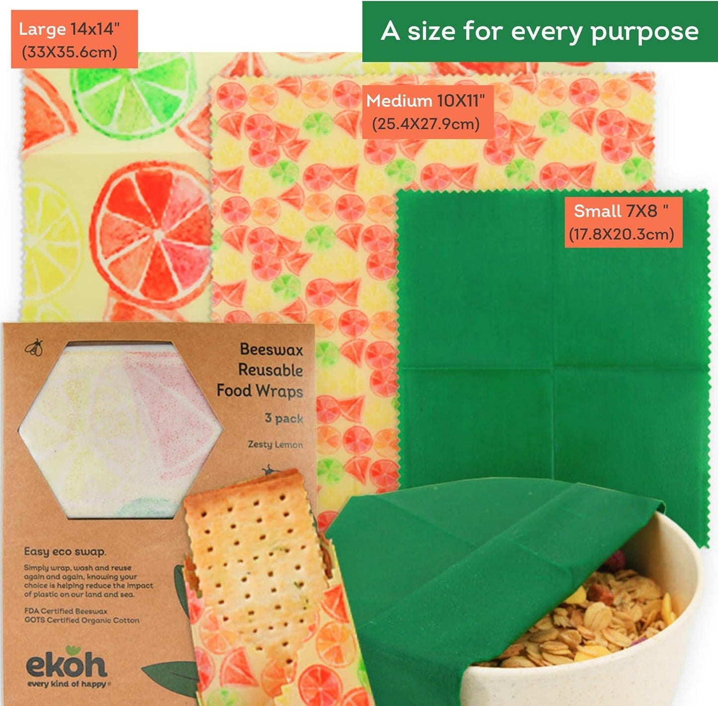 EKOH Beeswax Reusable Food Wraps | 3 Pack 3 Sizes Organic Certified | Eco-Friendly Reusable | Eco Sustainable Products - Assorted Prints | Storage Fabric Wax Wraps for Food (Zesty Lemon Green)