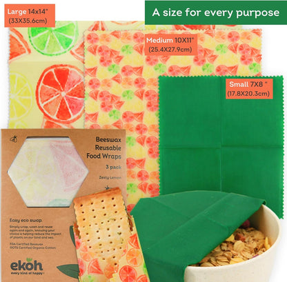 EKOH Beeswax Reusable Food Wraps | 3 Pack 3 Sizes Organic Certified | Eco-Friendly Reusable | Eco Sustainable Products - Assorted Prints | Storage Fabric Wax Wraps for Food (Zesty Lemon Green)
