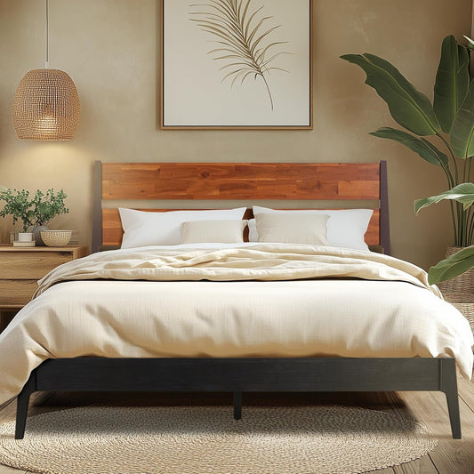 Acacia Callisto Bed Frame with Headboard Solid Wood Platform Bed, 800 lbs Capacity Bed Frame, Contemporary Signature Wood Bed Compatible with All Mattress Types (Black Ristretto, Queen)